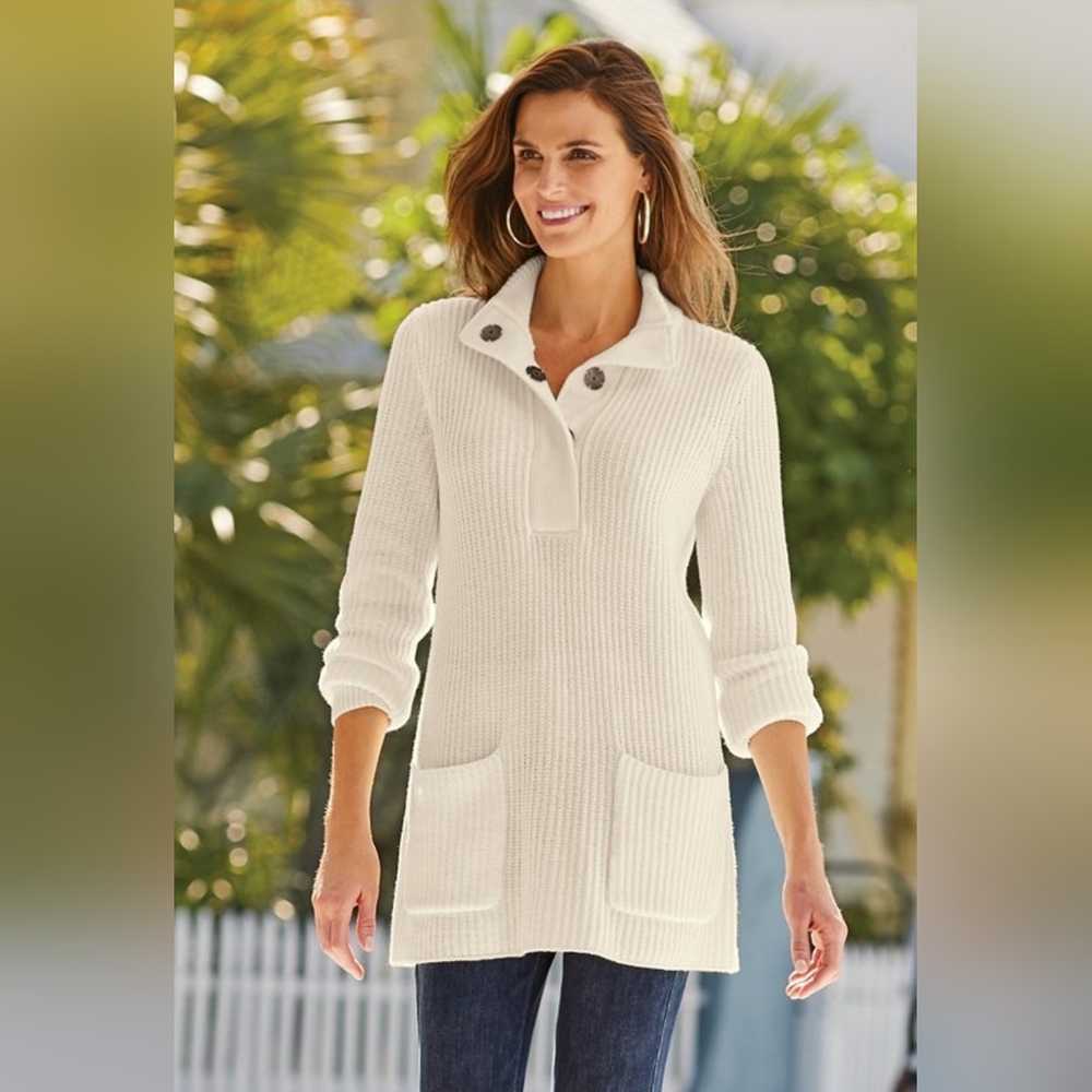Soft Surroundings Cream Ribbed Button-Neck Tunic Sweater
